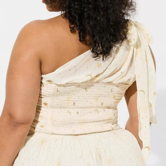 NWT Torrid Chiffon Foil One Shoulder Crop Top In Cream and Gold Combo 3X - Picture 2 of 8